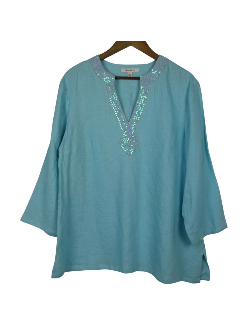 JM Collection Blue Linen Tunic Top W/ Sequin Embellished Neckline Size 18 Coast
